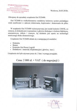 Sprzedaż urządzenia Océ TCS400