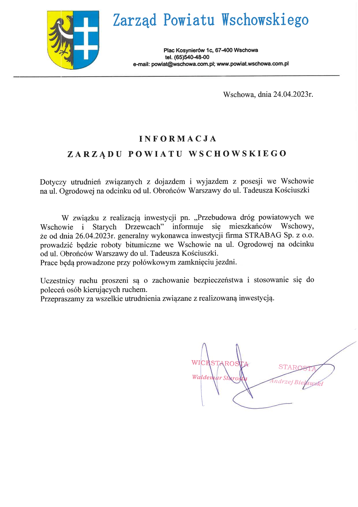 Informacja Zarządu Powiatu Wschowskiego