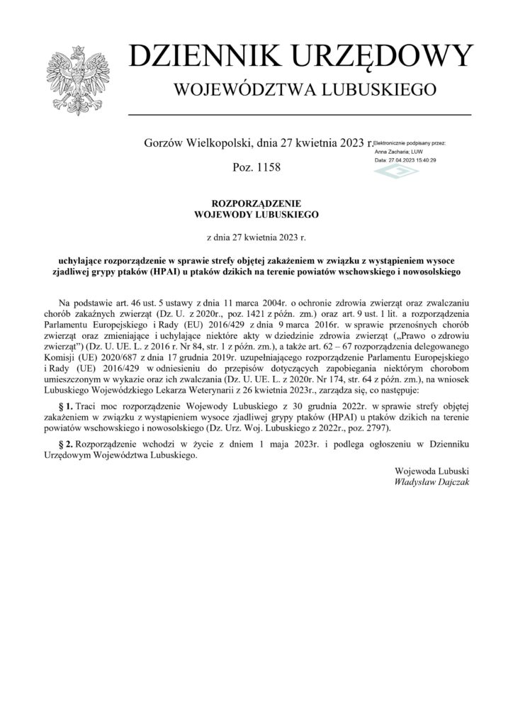 Rozporządzenie Wojewody Lubuskiego z dnia 27 kwietnia 2023r.