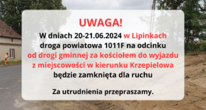 Zamknięcie odcinka drogi powiatowej w Lipinkach