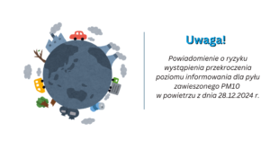 Powiadomienia o stopniach zagrożenia – monitorowanie środowiska – przekroczenia poziomu informowania dla pyłu zawieszonego PM10 w powietrzu z dnia 28.12.2024 r.