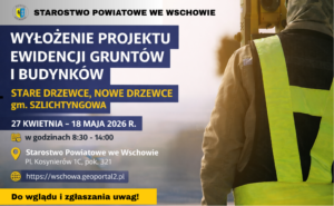 Informacja o wyłożeniu projektu operatu ewidencji gruntów i budynków dla obrębów STARE DRZEWCE, NOWE DRZEWCE jednostka ewidencyjna SZLICHTYNGOWA – obszar wiejski, powiat wschowski, województwo lubuskie.