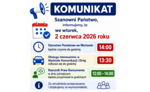 Uwaga! Zmiana godzin pracy dnia 02.06.2026 r.